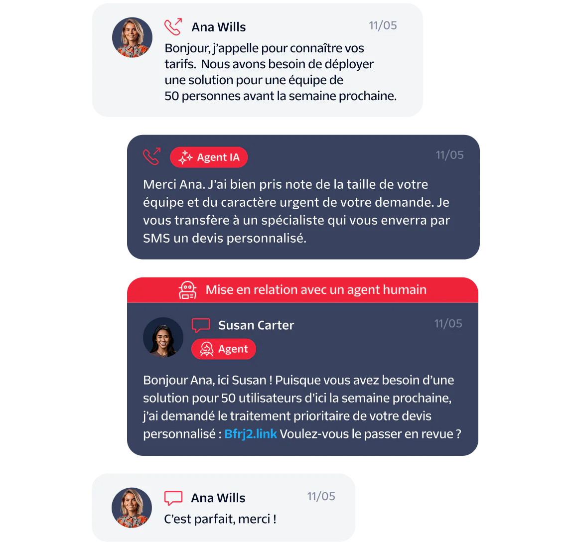 Chat between a customer, AI agent, and human agent discussing a solution for a 50-person team.