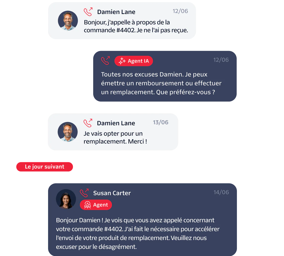 A chat between Damien Lane and AI/real agents about a missing order and replacement request.