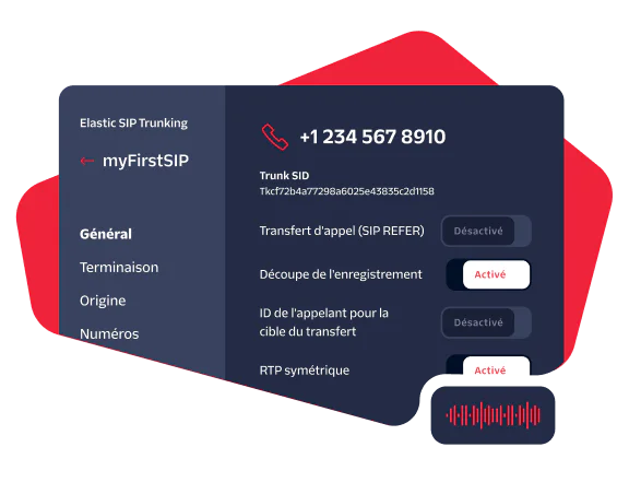 UI showing details of a SIP trunk configuration, with options for call transfer, recording, and symmetric RTP.
