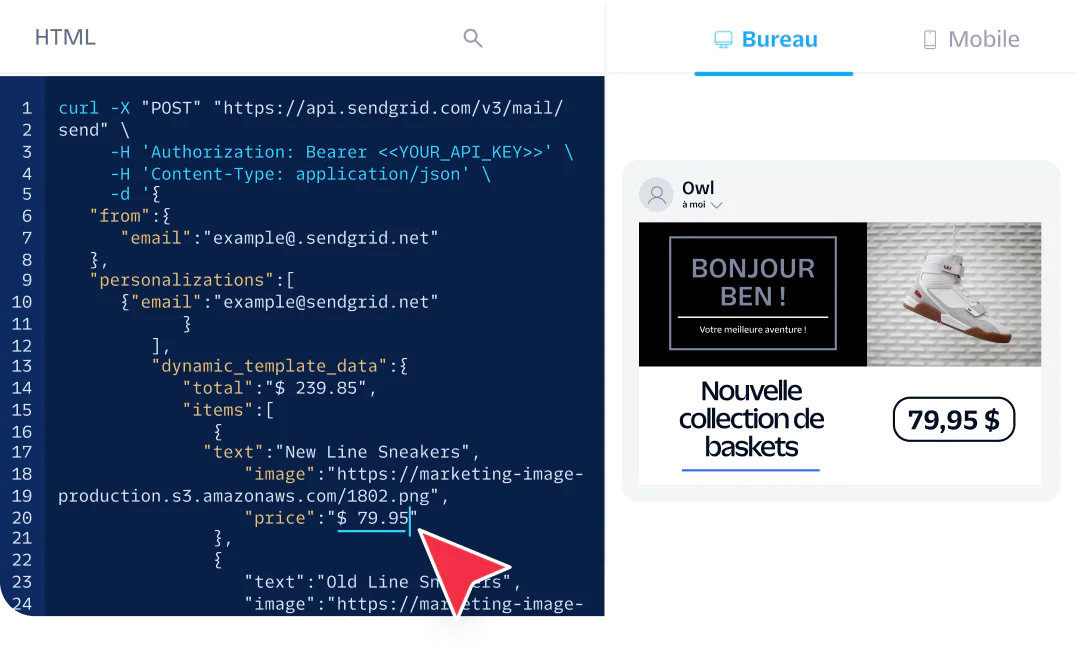 Screenshot showing HTML code for an email template promoting a new line of sneakers priced at $79.95 with example content.