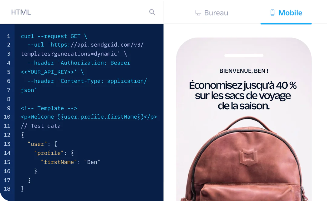 Code preview on the left and mobile app screen showing a welcome message and travel bags offer on the right.