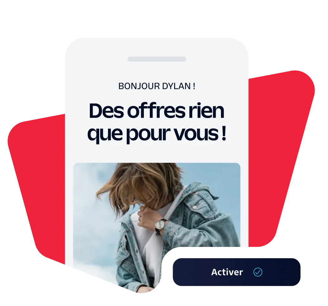 Personalized Offer Notification on Mobile Phone Smartphone screen displaying a personalized offer message with a person in a denim jacket.
