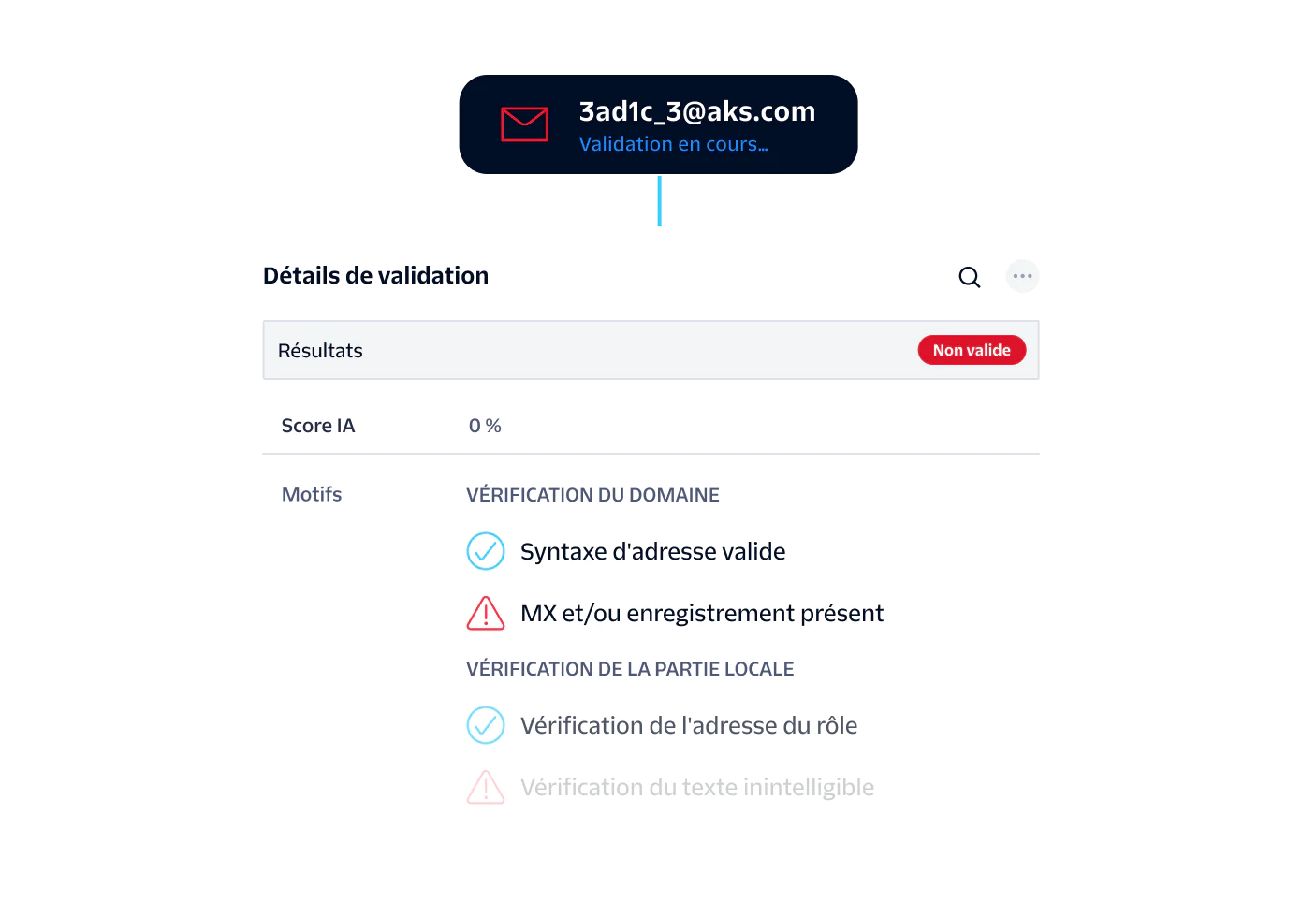 Email validation result showing an invalid email address with details on domain and local part checks.