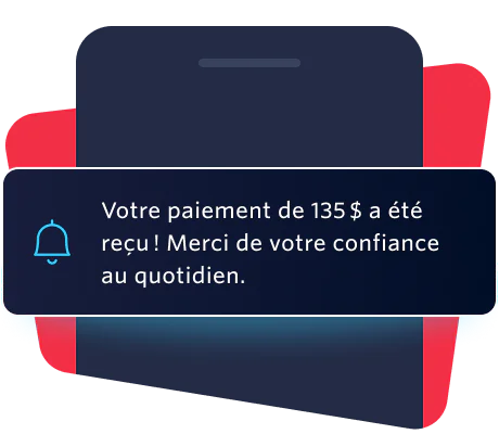 Smartphone screen showing notification of payment received for $135 with a thank you message.