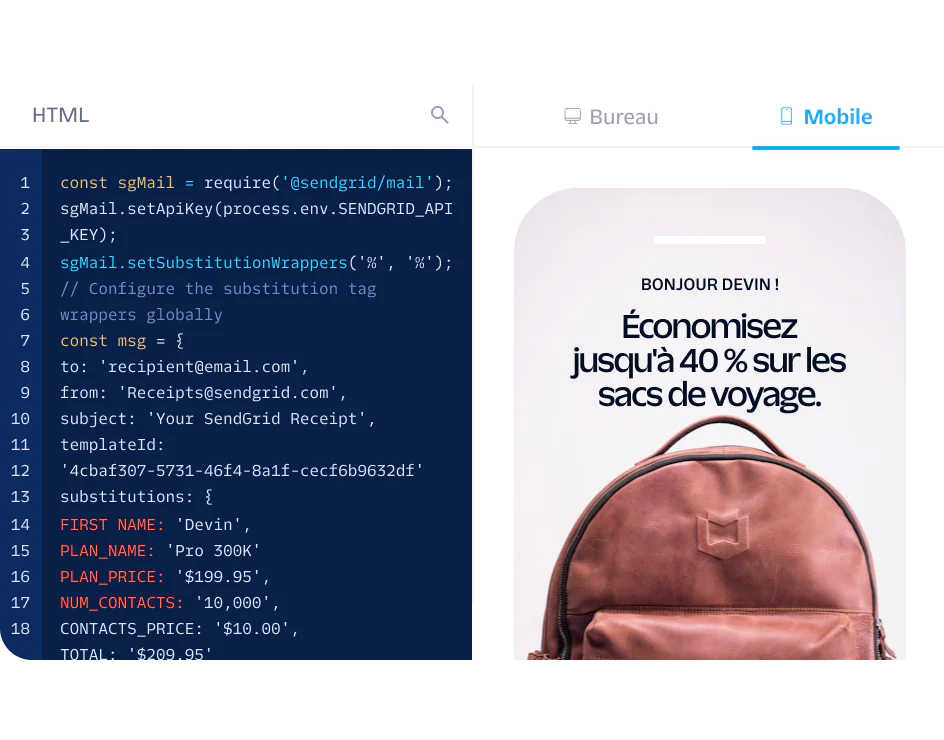 HTML code for email template beside a mobile screenshot of a travel bag discount advertisement.