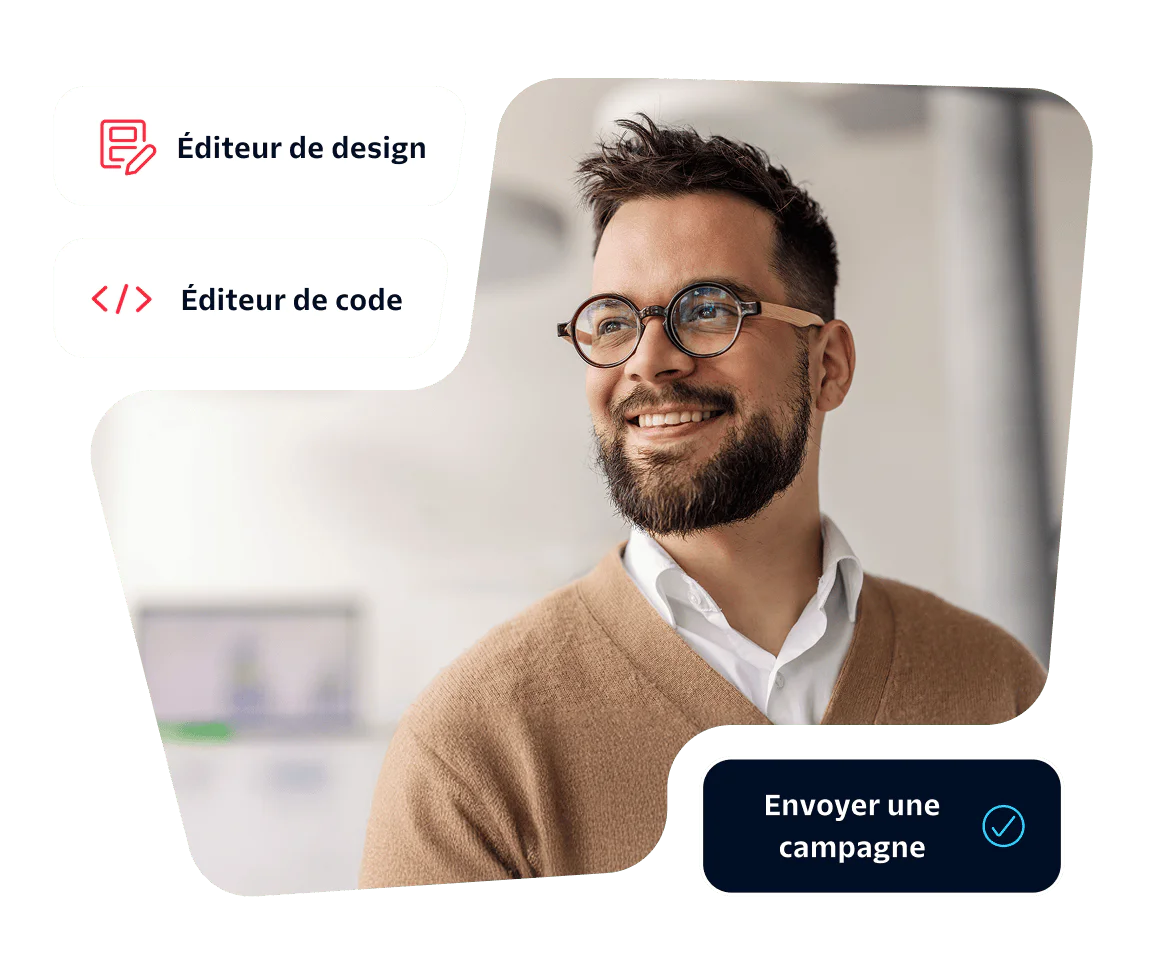 Smiling man with glasses, Design Editor and Code Editor buttons, Send Campaign button