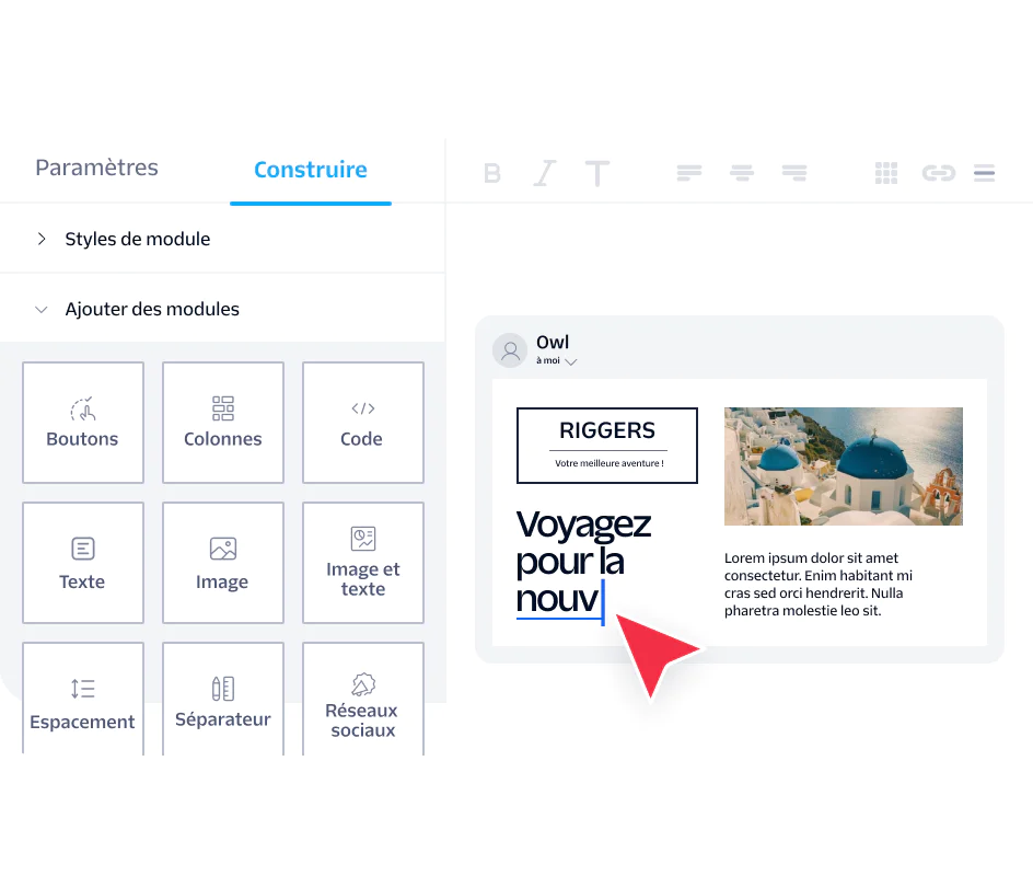 Screenshot of an email builder interface with settings and a New Year holiday travel advertisement design.