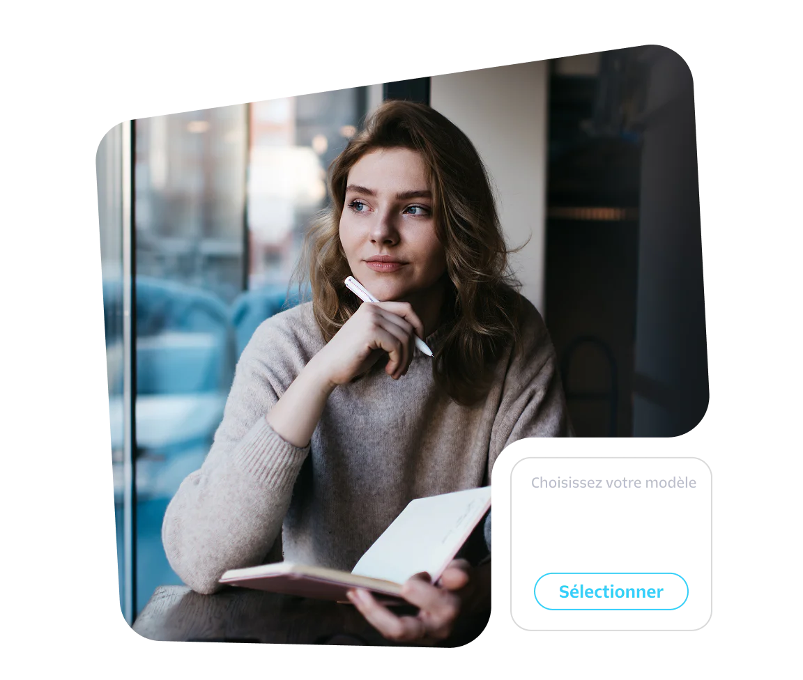 Woman sitting by a window holding a notebook and pen, thinking, with a travel newsletter template selection prompt.