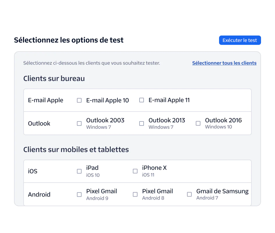 Interface for selecting desktop and mobile clients for testing software, including Apple Mail, Outlook, iOS, and Android.