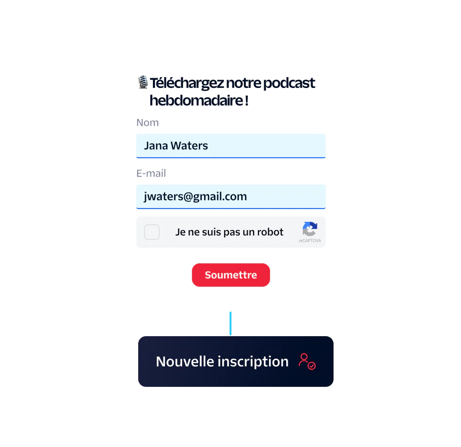 Signup form for a weekly podcast with fields for name, email, and a captcha checkbox.