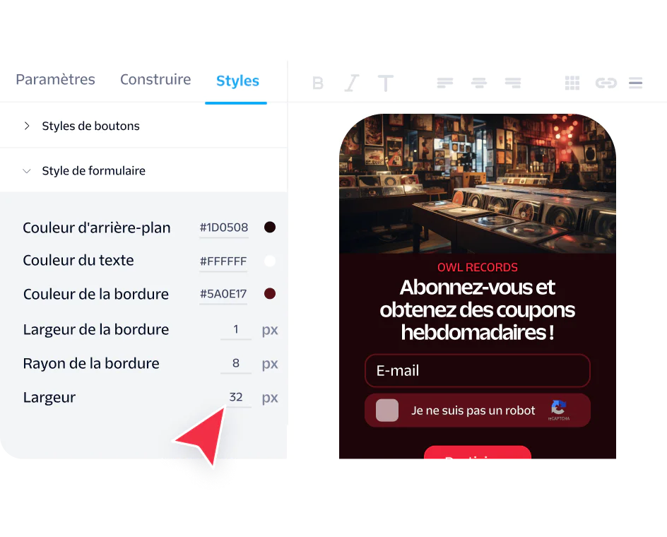 Web design tool interface showing style customization options for a form with a subscribe button.