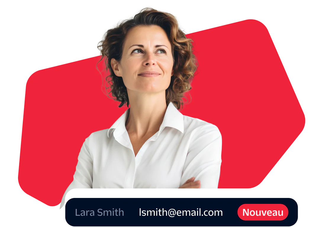 Woman in white shirt looking confident with an email address and new message alert