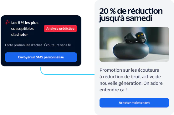 Predictive ad for wireless earbuds with 20% off, featuring personalized ad and buy now options.