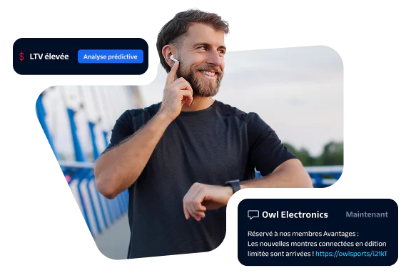 Man in athletic wear using wireless earbuds and checking smartwatch. Inset showing product advertisement.