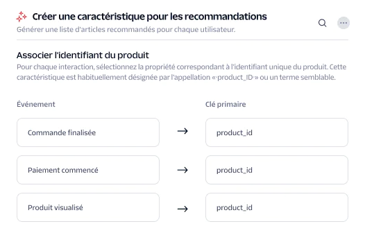 Screen showing recommendation trait creation process by mapping events to the product_id primary key.