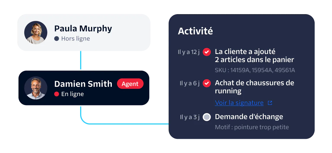 Dashboard showing online status of Damien Smith, offline status of Paula Murphy, and recent customer activity.