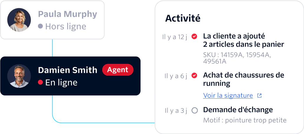 Dashboard showing two agent statuses and customer activity log with details of recent actions.