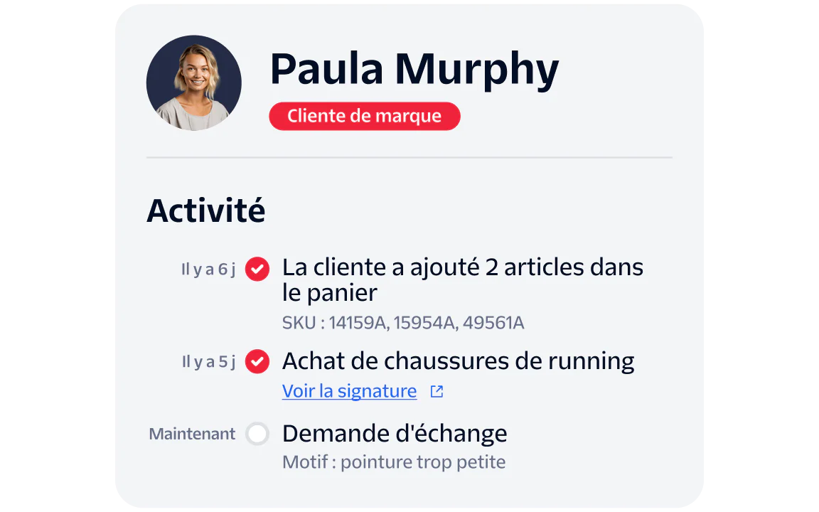 Profile of Paula Murphy showing recent shopping activities and an exchange request.