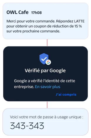 Order Confirmation and Verification Notifications Notifications showing order confirmation from OWL Cafe and Google business verification.