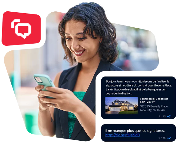 Woman smiling and texting with message about house contract being finalized and a link for signatures