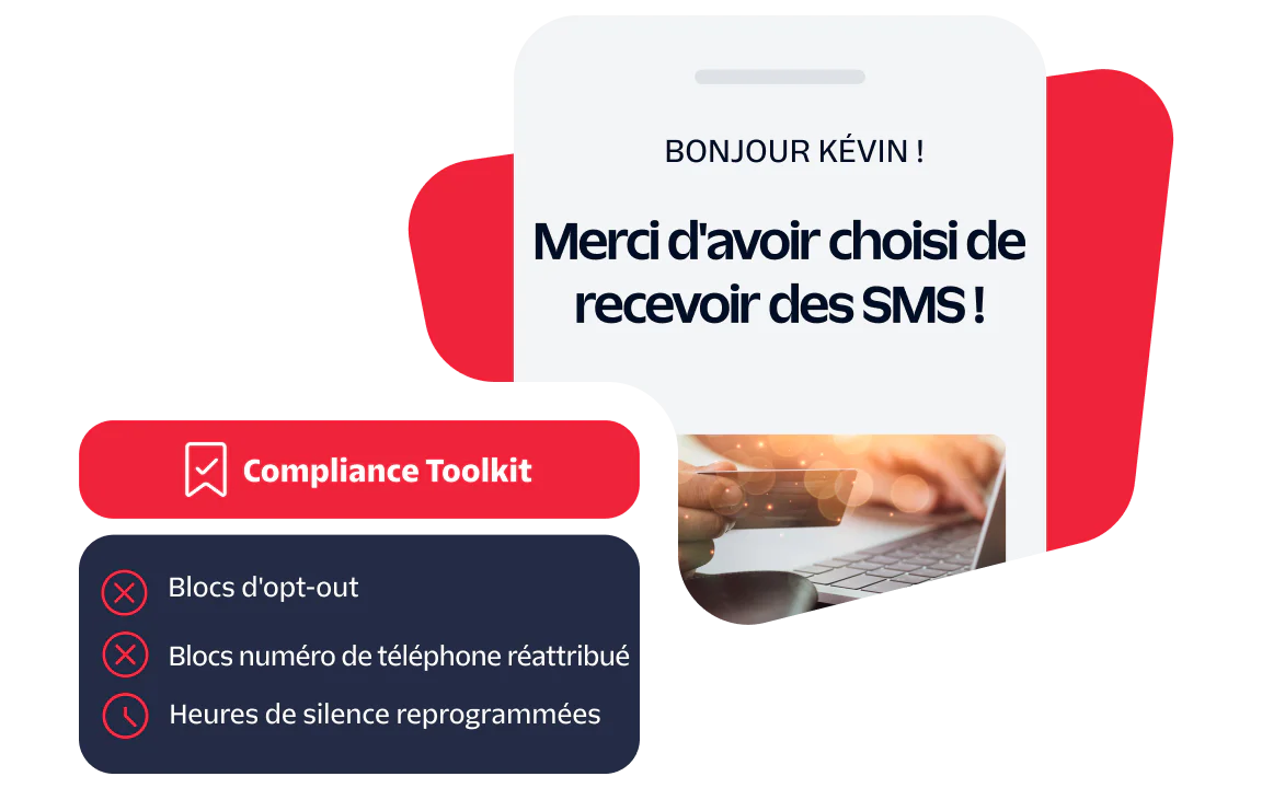 Text Message Opt-In Confirmation with Compliance Toolkit A phone screen showing a message thanking Kevin for opting in to receive text messages, with Compliance Toolkit details.