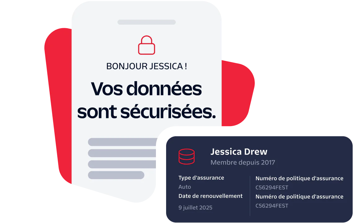 Secure Data Notification for Jessica Drew A digital card notifies Jessica Drew that her data is secured with policy details and renewal date.