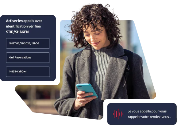 Woman looking at her phone with appointment reminder and calling details on the screen.