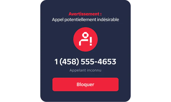 Phone screen showing an incoming call from an unknown number with a spam risk warning and block option.