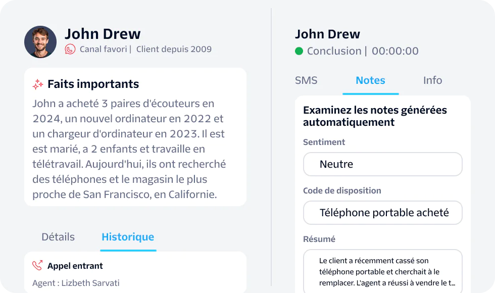 Profile information and interaction history for customer John Drew, showing recent purchases and agent notes.