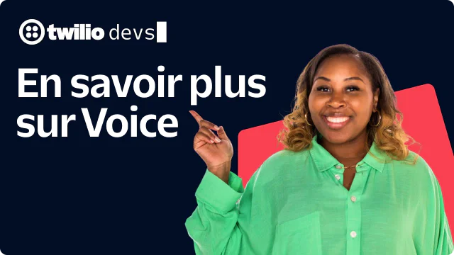 Woman in green shirt pointing upward, with Twilio Devs Learn Voice text on dark blue background.