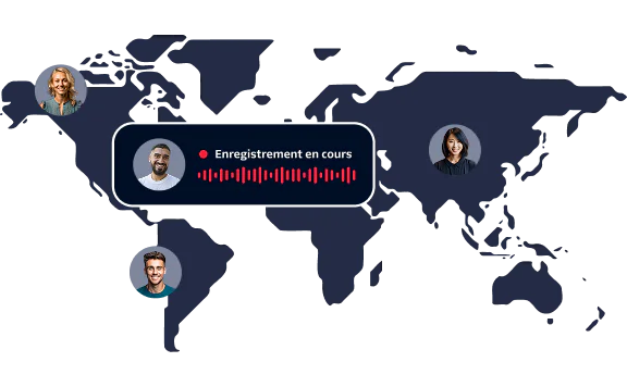 World map with diverse individuals connected via a voice recording interface indicating a conference in progress.