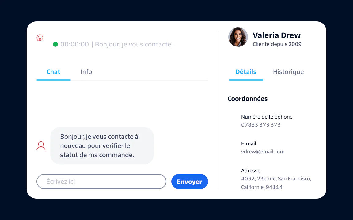 A chat window showing a customer's message, contact details, and an info tab with Valeria Drew's profile.