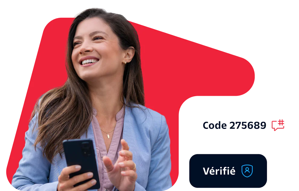 Woman in a blue blazer smiling and holding a phone with a verification code and badge displayed beside her.