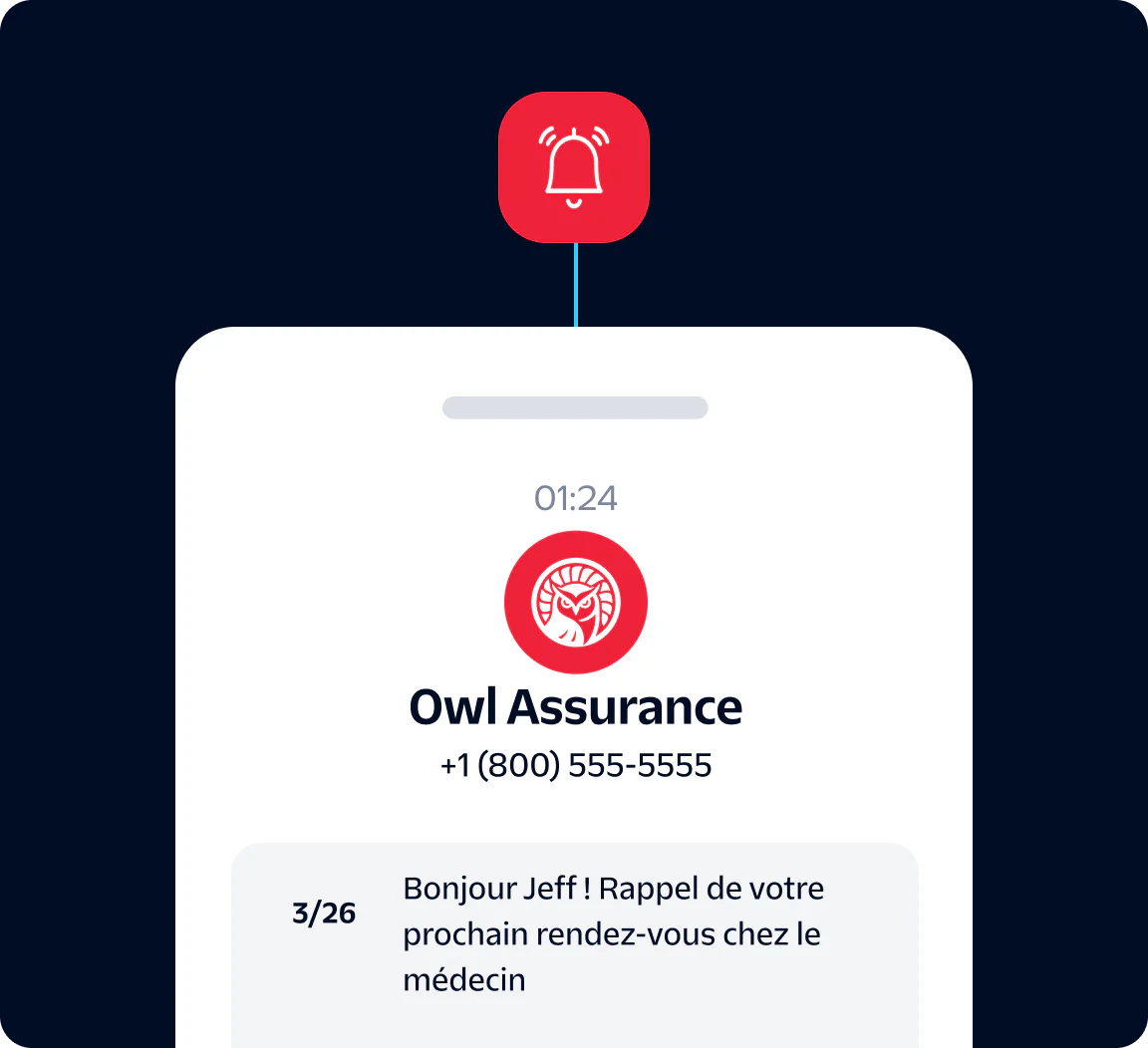 Smartphone screen showing an Owl Insurance notification about an upcoming doctor appointment.