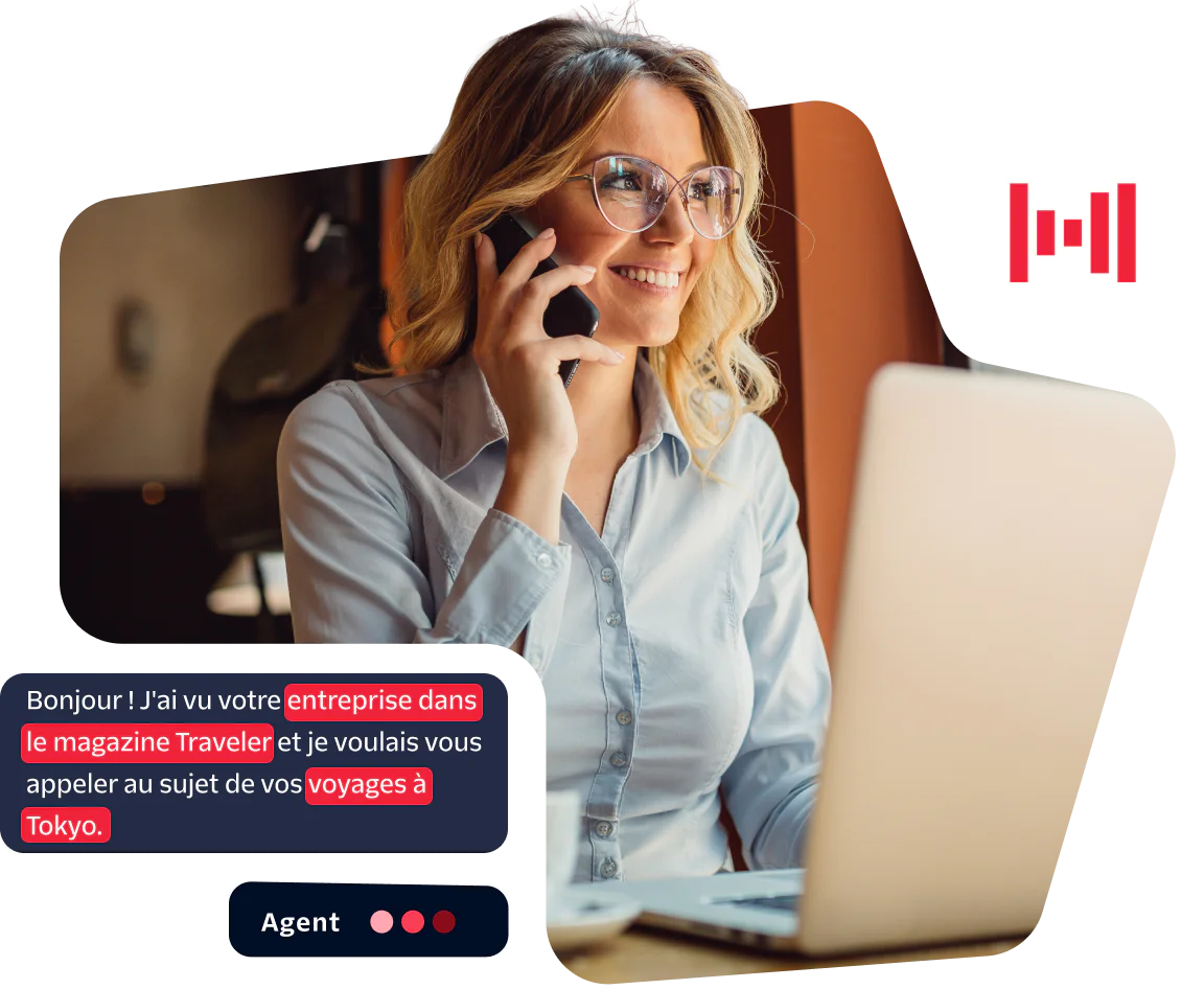 Woman on a phone call with laptop, discussing a company's ad in Traveler magazine about Tokyo trips.