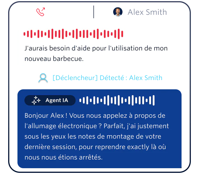 AI agent helps customer, Alex Smith, with grill setup after recognizing his text message.