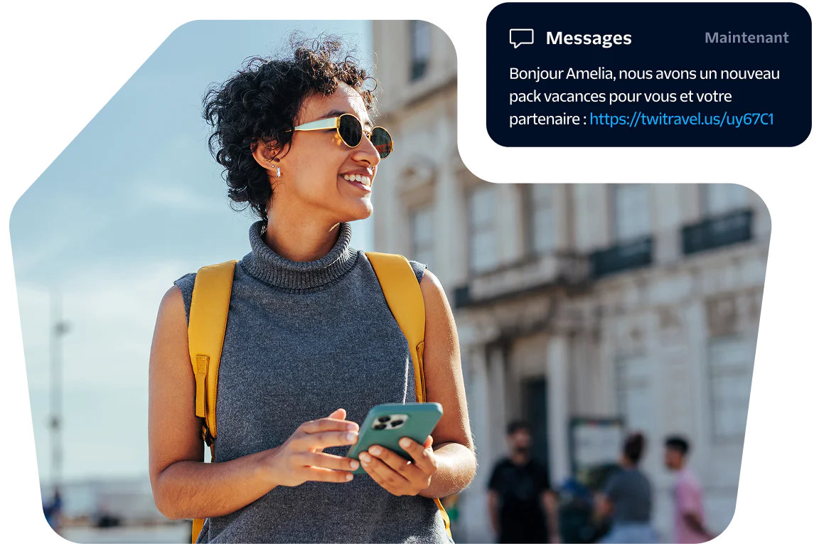 Woman with curly hair wearing sunglasses and a backpack, holding a phone, with a vacation offer text on screen.