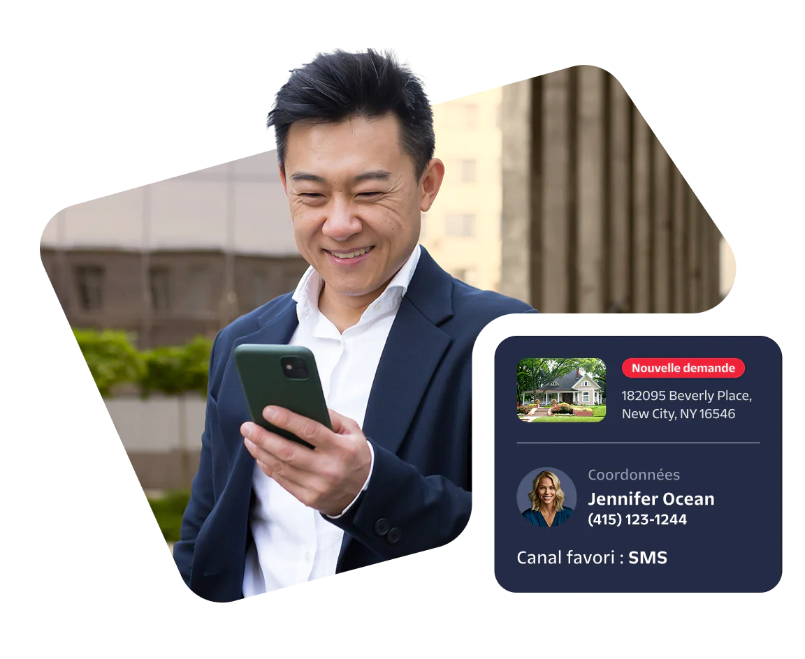 Man smiling while looking at his smartphone, real estate inquiry details in a box beside him.