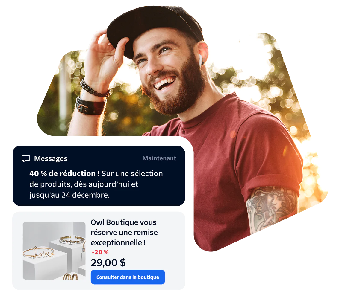 Smiling man wearing a red shirt with promotional messages about a 40% off sale and a special discount from Owl Boutique.