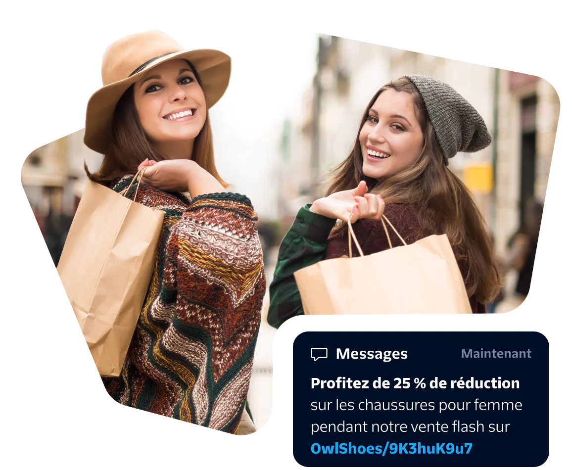 Two smiling women shopping with discount offer pop-up for women's shoes.