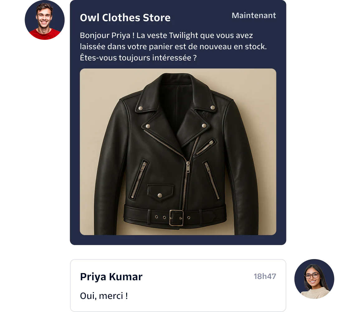 Women interacting at store counter with shopping bags and chat bubble about restocked item with link.