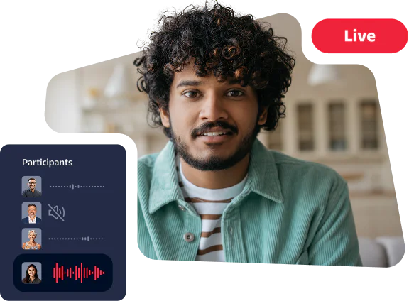 Person in green shirt on a live video call with three participants shown in a sidebar