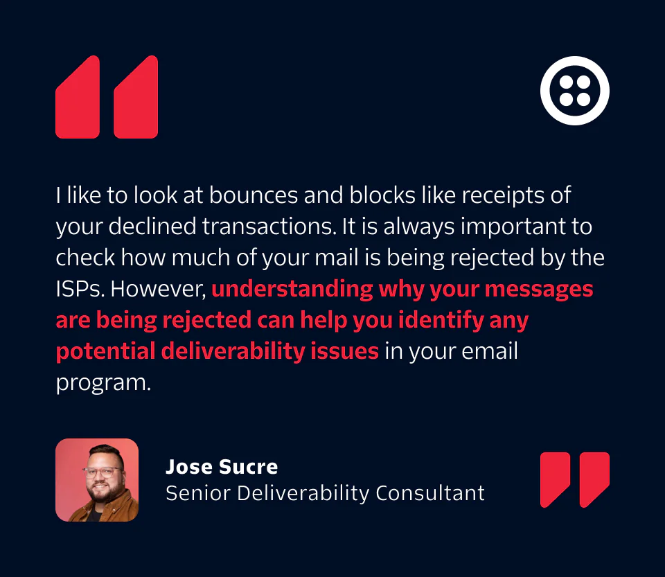 Jose Sucre shares insights on email bounces and blocks in email deliverability in a text graphic with his photo.