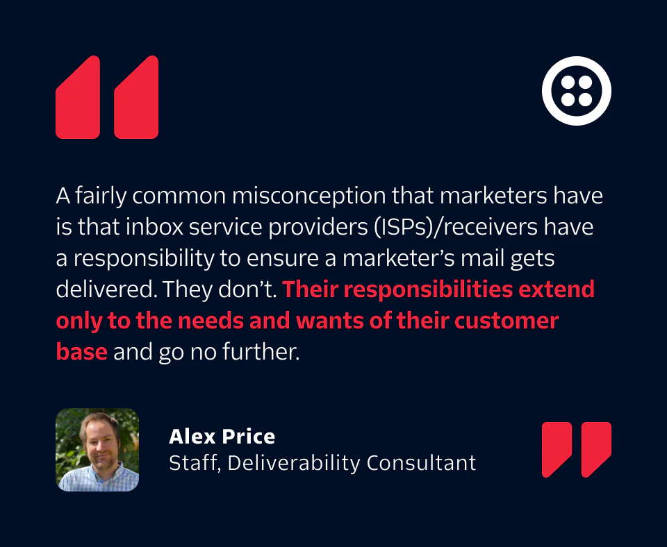 Quote from Alex Price about marketers' misconceptions regarding ISPs' responsibilities for email delivery.