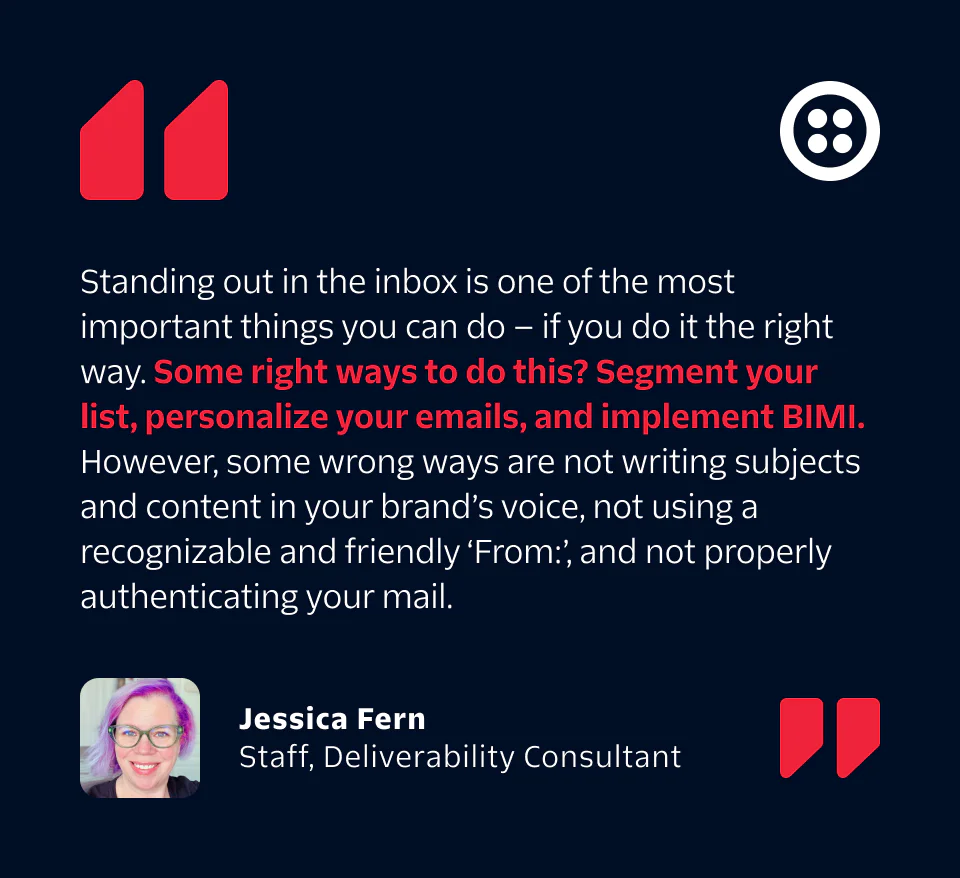 Quote on email marketing tips by Jessica Fern with her picture and role provided below in the image.