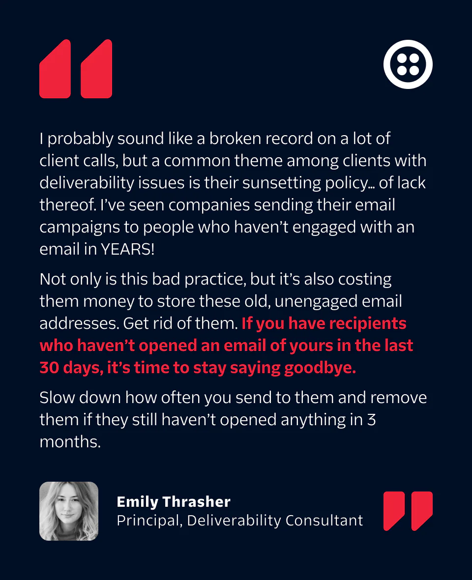 Text about email deliverability tips with a headshot of Emily Thrasher, Principal Deliverability Consultant.