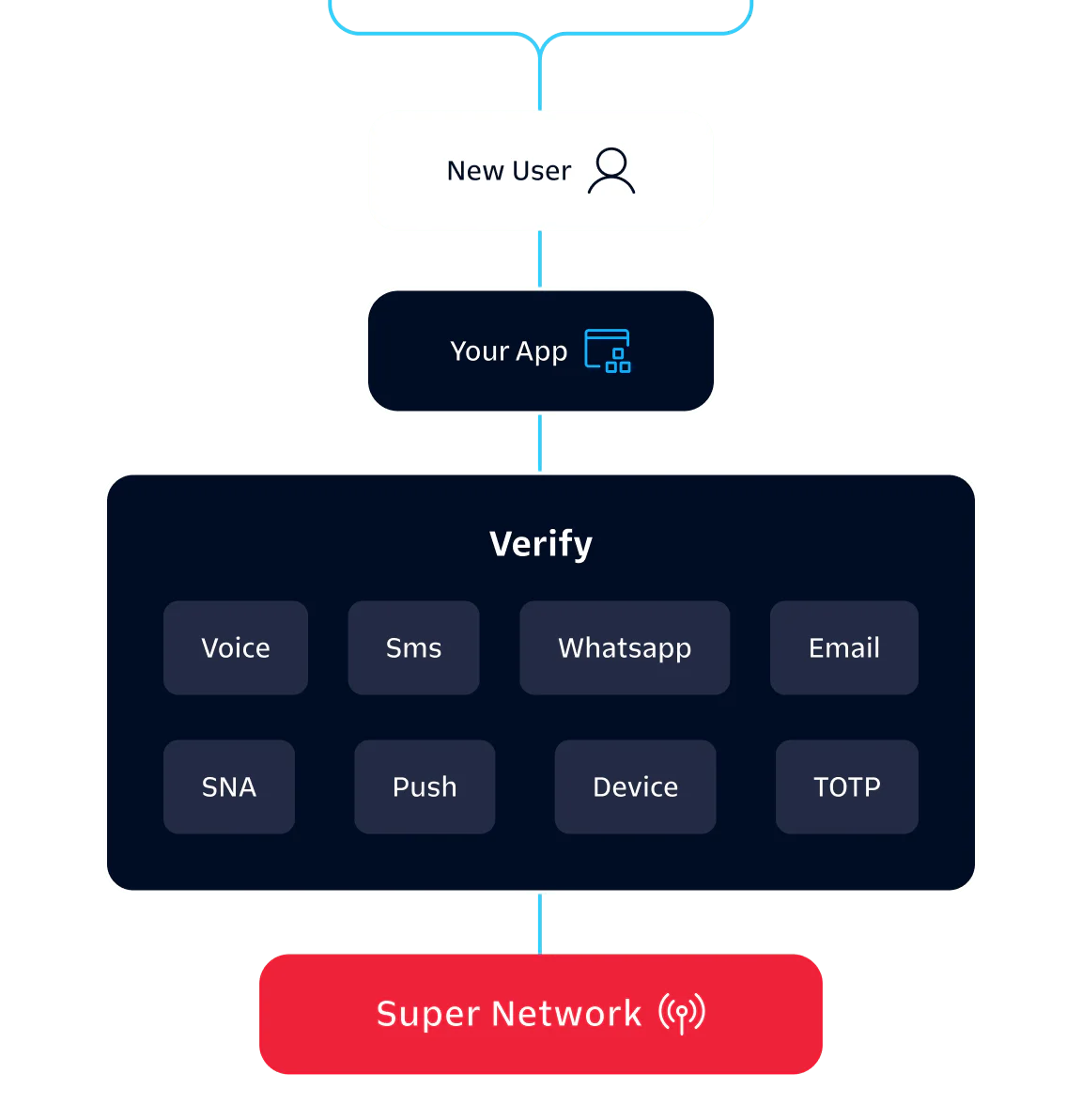 Flowchart showing various verification methods for new users in an app, connected to a super network.