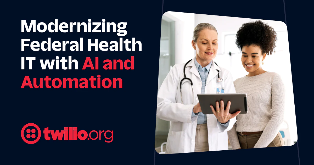 Doctor showing a patient information on a tablet with text about modernizing federal health IT