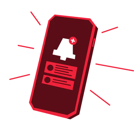Graphic of a red smartphone with a white notification bell and red alert badge.