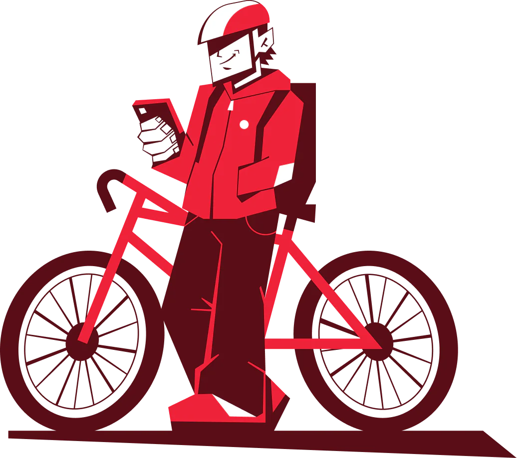 Cartoon of a cyclist in a helmet checking his smartphone next to his bicycle.